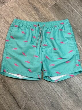 Maamgic Men's Turquoise Pink Shark Print Swim Trunks XL Elastic Waist Drawstring